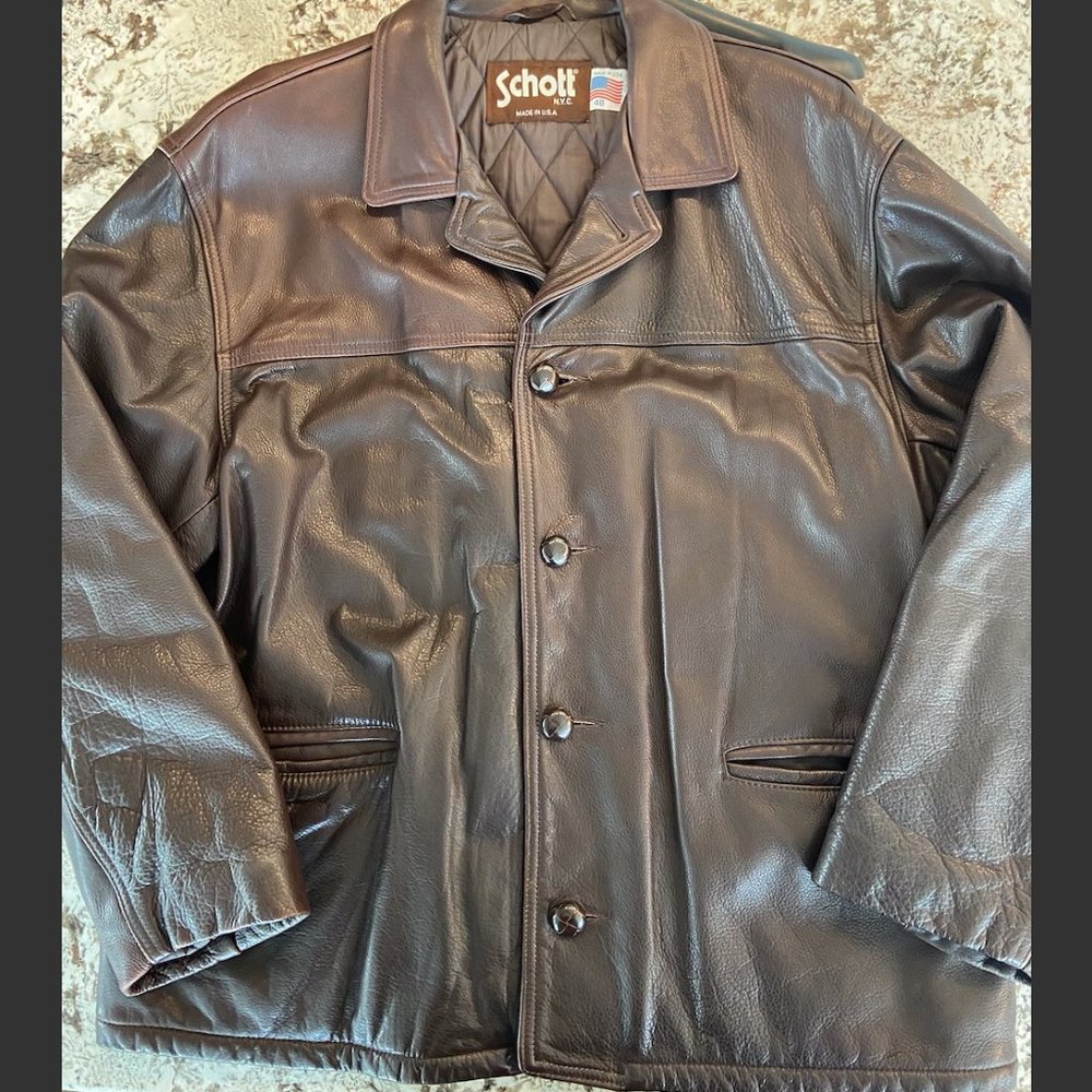 90s Vintage Schott NYC Brown Mens 134 Cowhide Leather Car Coat. Size 48